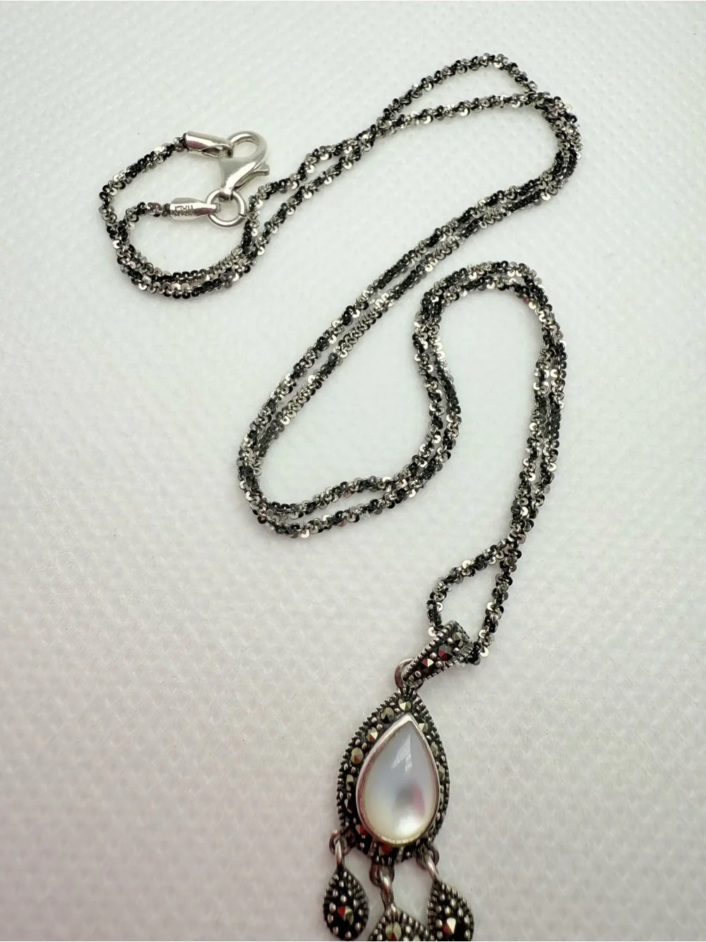 Vintage Italian Art Deco Marcasite Onyx Mother of Pearl Chandelier Drop Necklace